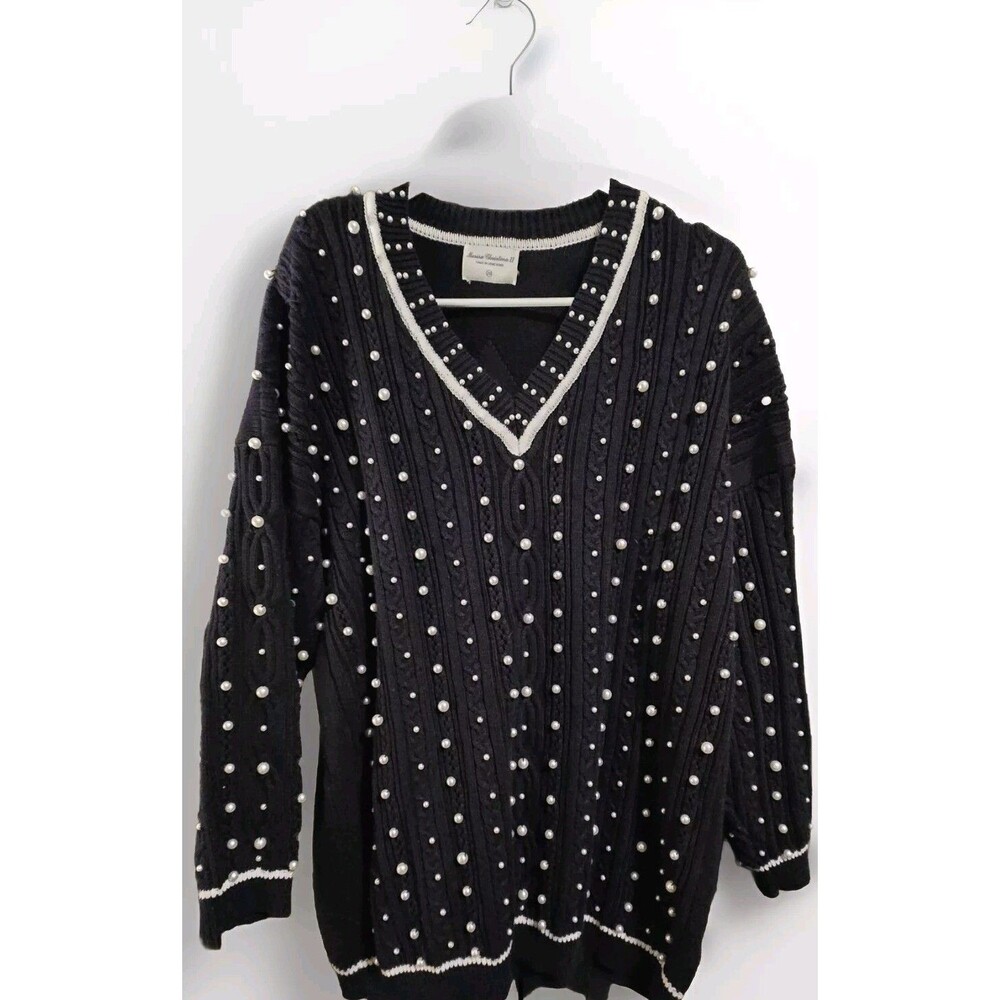 Marisa Christina Pearl Embellished V-Neck Navy Blue Sweater Women's 2X VTG